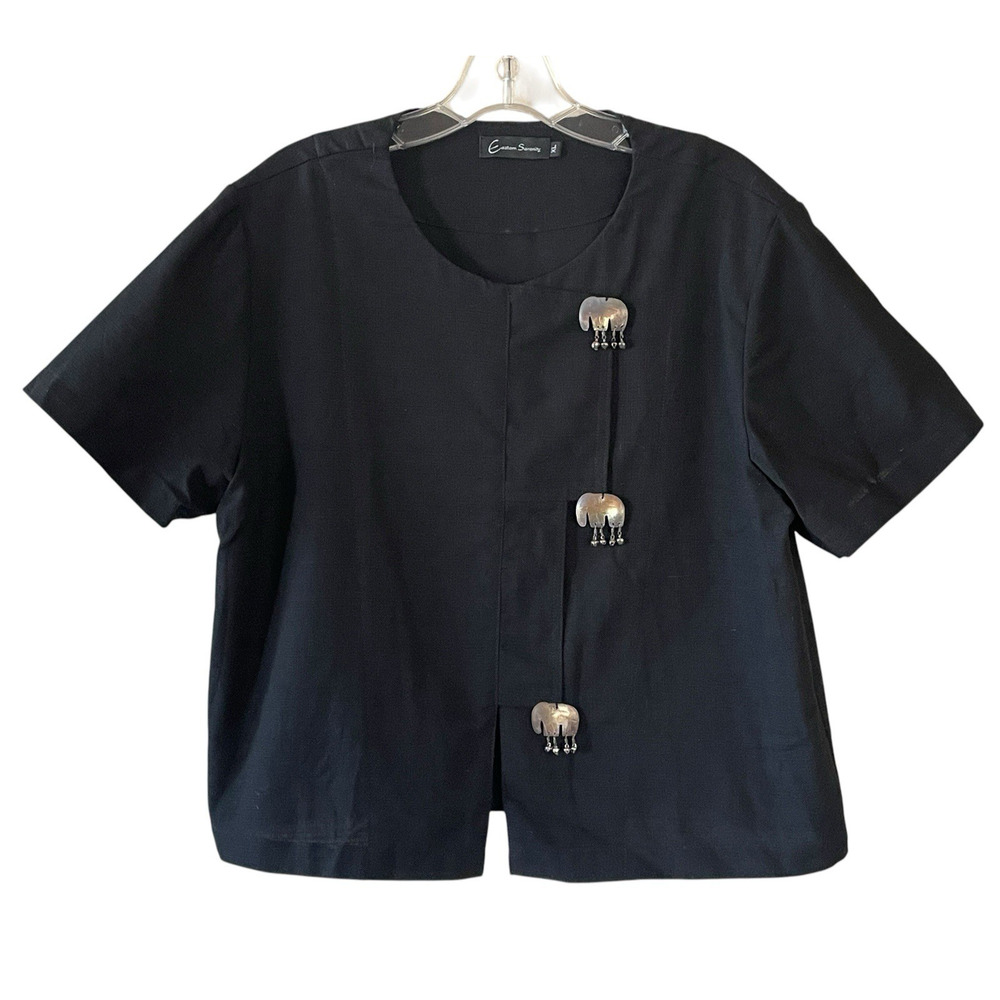 EASTERN SERENITY Women's Size XL Black Cotton Elephant Art Boxy Short Sleeve Top